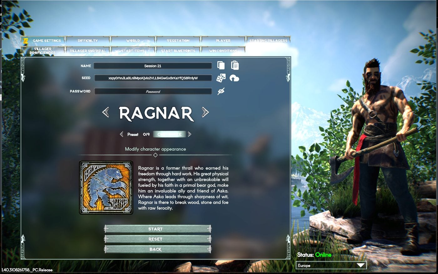 ASKA custom game editor with its settings tabs