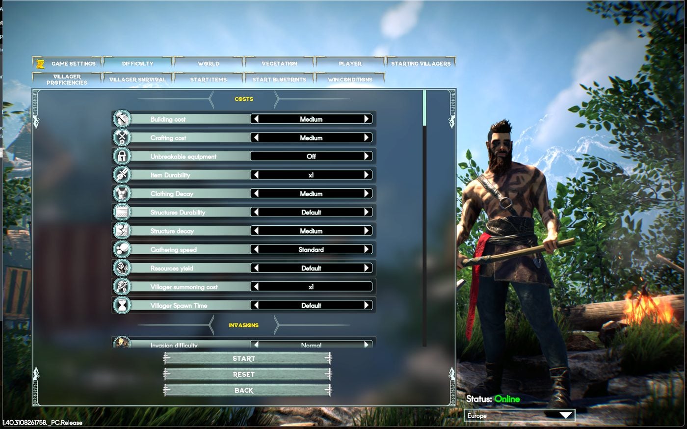 ASKA Game Settings tab with cost and invasion options