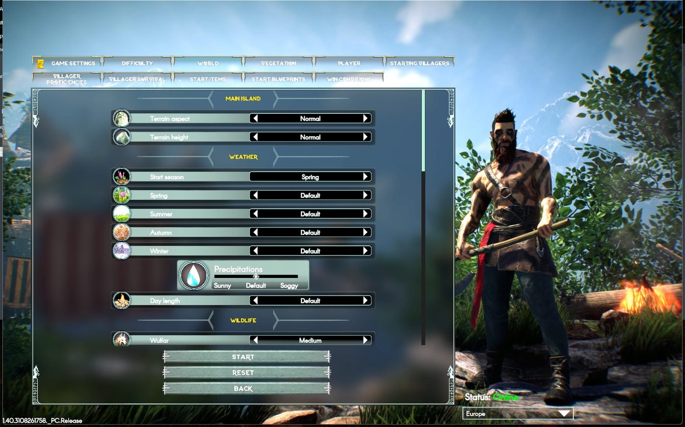 ASKA World tab with terrain, season and weather options