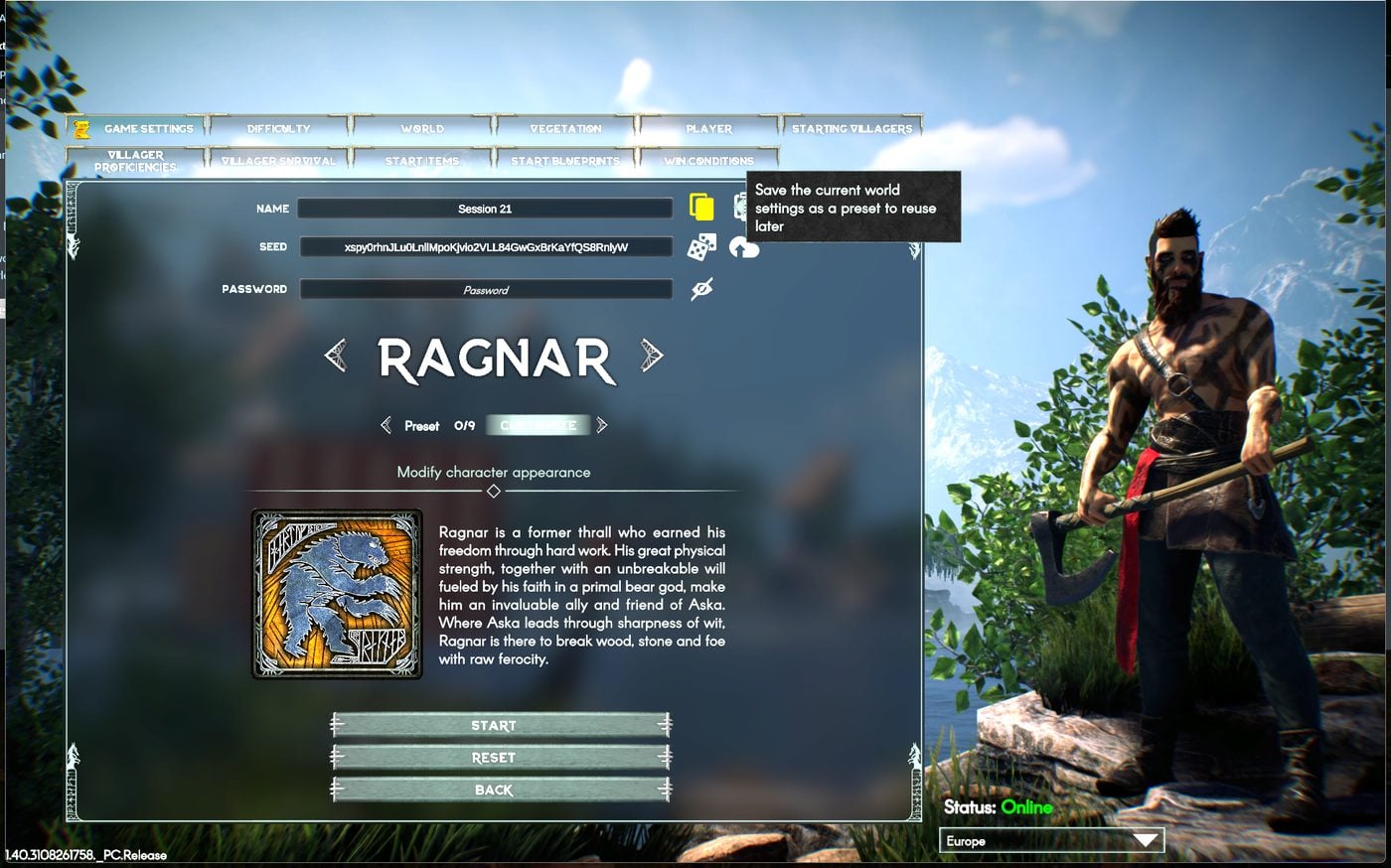 Save the current world settings as a preset to reuse later