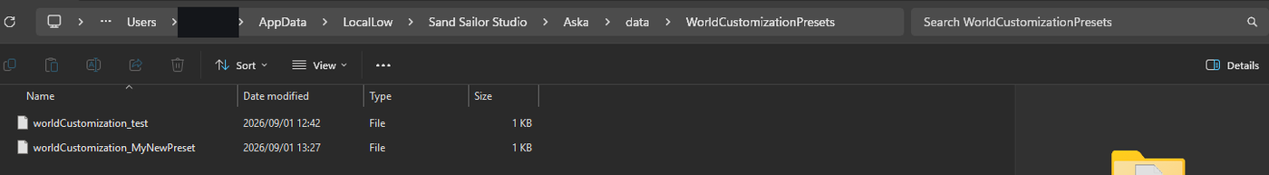 WorldCustomizationPresets folder with preset files