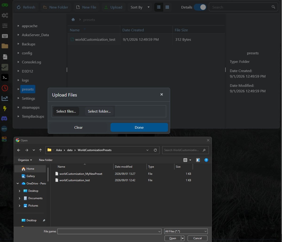 Uploading a preset file into the presets folder