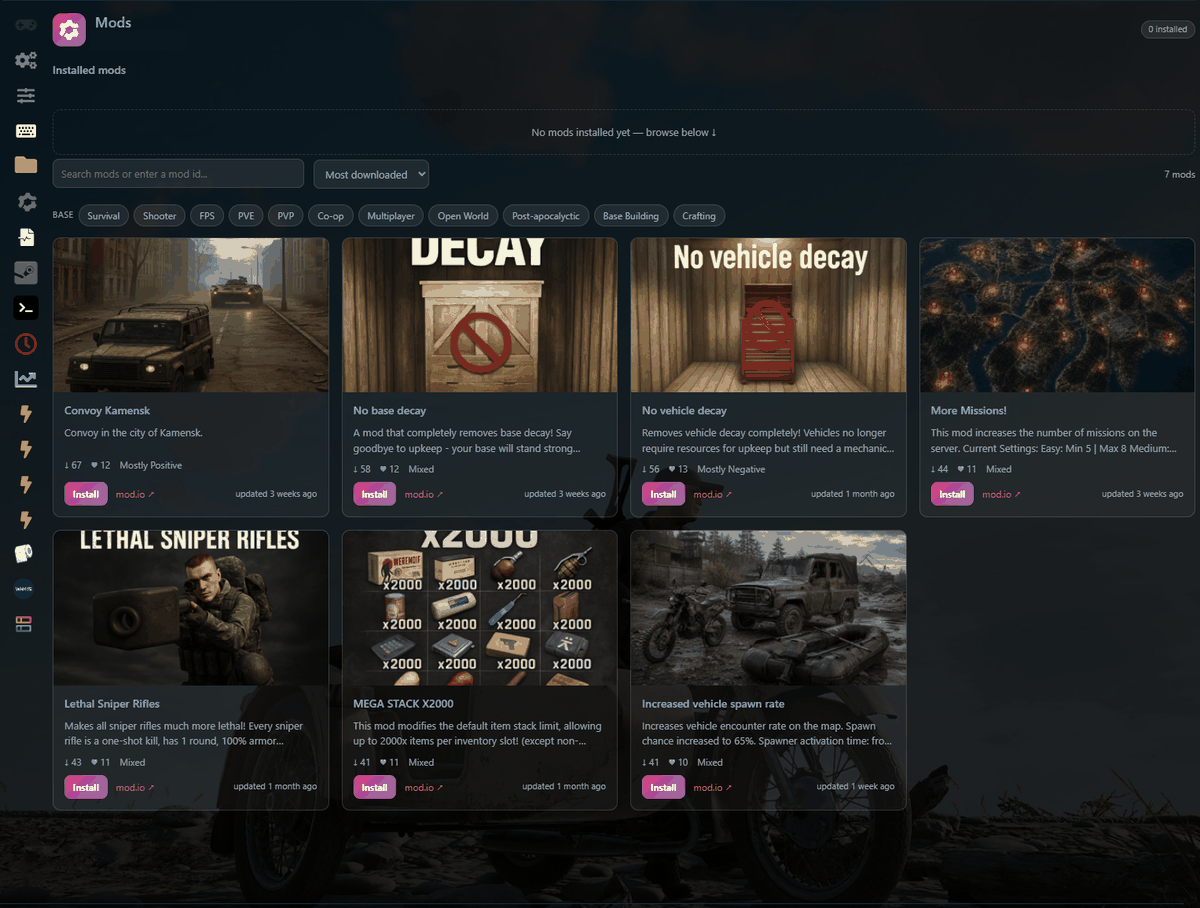 The Mods page in the GG Host panel showing the searchable mod.io catalog for Deadside