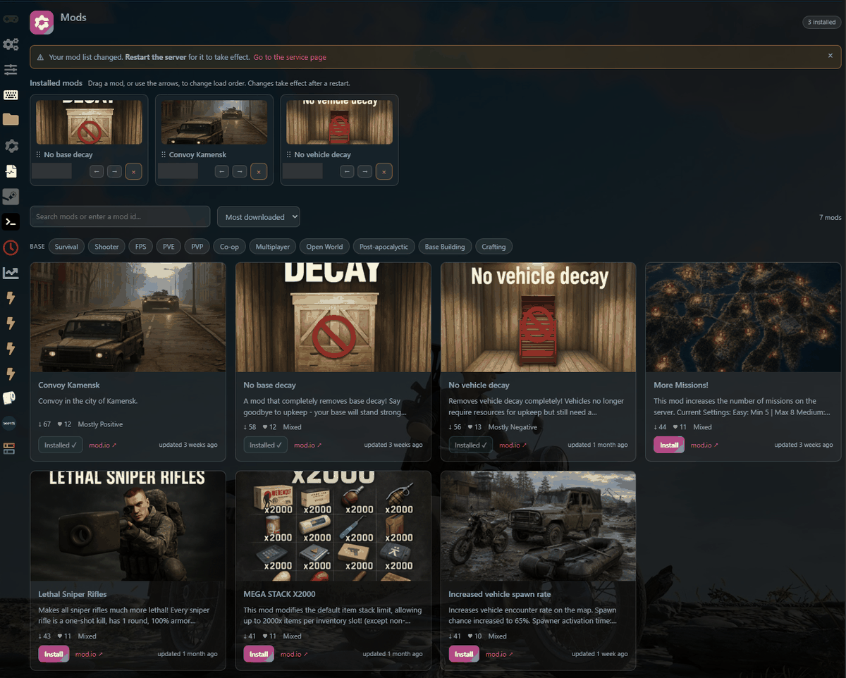 Installed mods with the restart reminder banner and load order arrows in the GG Host panel