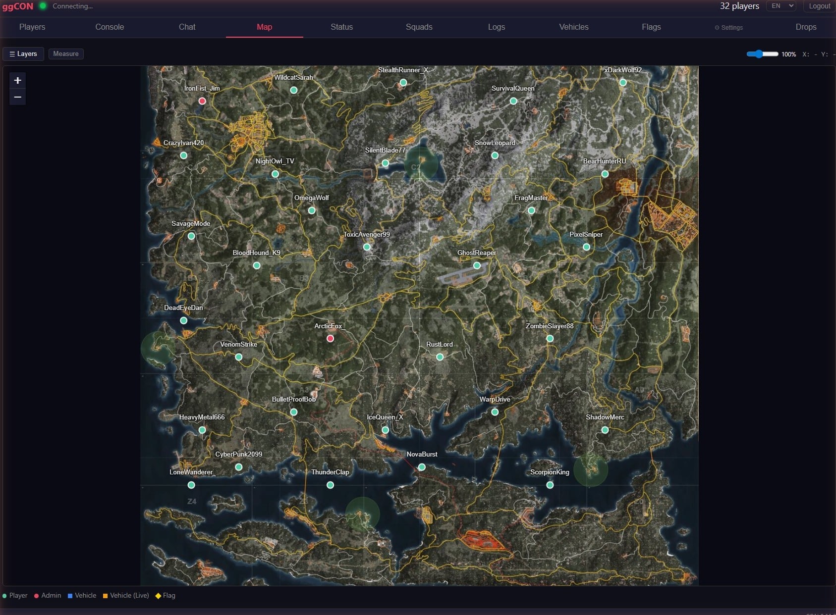 ggCON live player map: 32 players visible on a SCUM server, with admin and vehicle markers