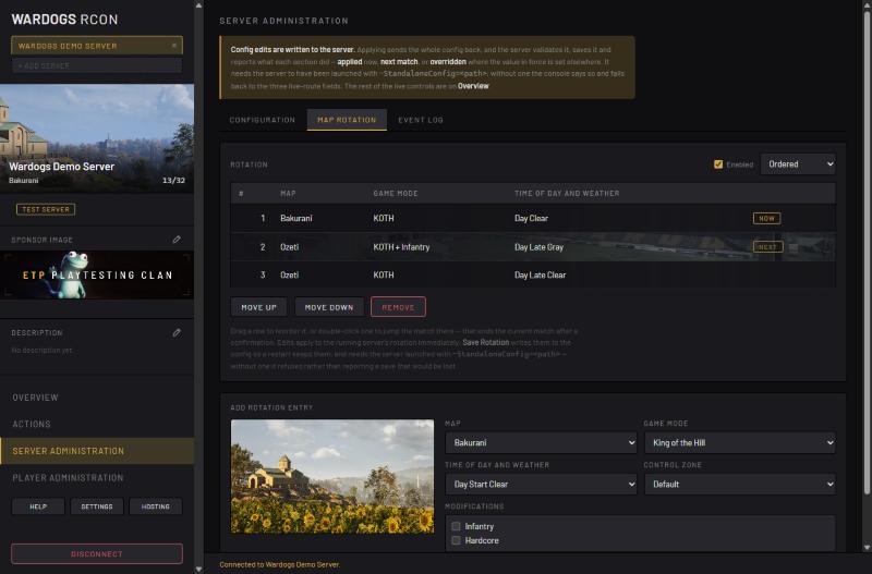 Wardogs RCON Map Rotation tab with three entries and the Add Rotation Entry form including Infantry and Hardcore (demo data)
