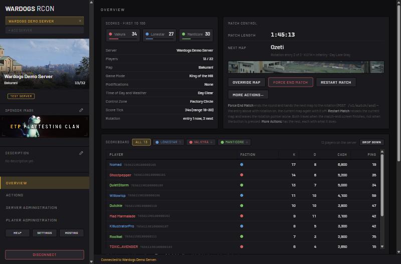 Wardogs RCON Overview page showing scores, server details, match control and the scoreboard (demo data)