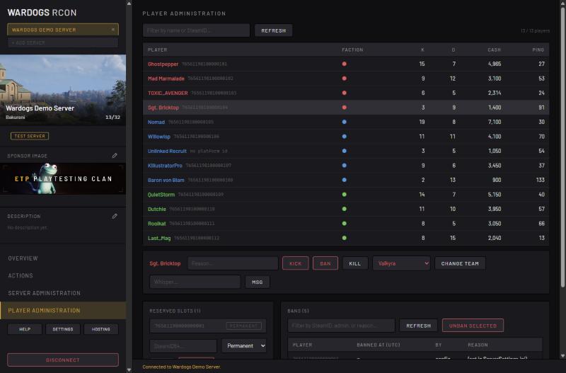 Wardogs RCON Player Administration page with a player selected, showing Kick, Ban, Kill, Change Team and Msg (demo data)