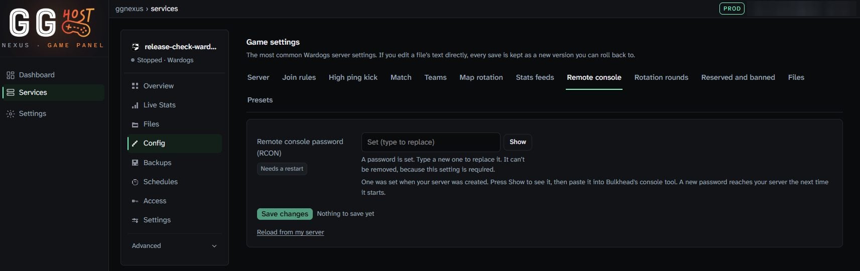 GG Host control panel Config page, Remote console tab, with the RCON password field, Show button and Needs a restart tag