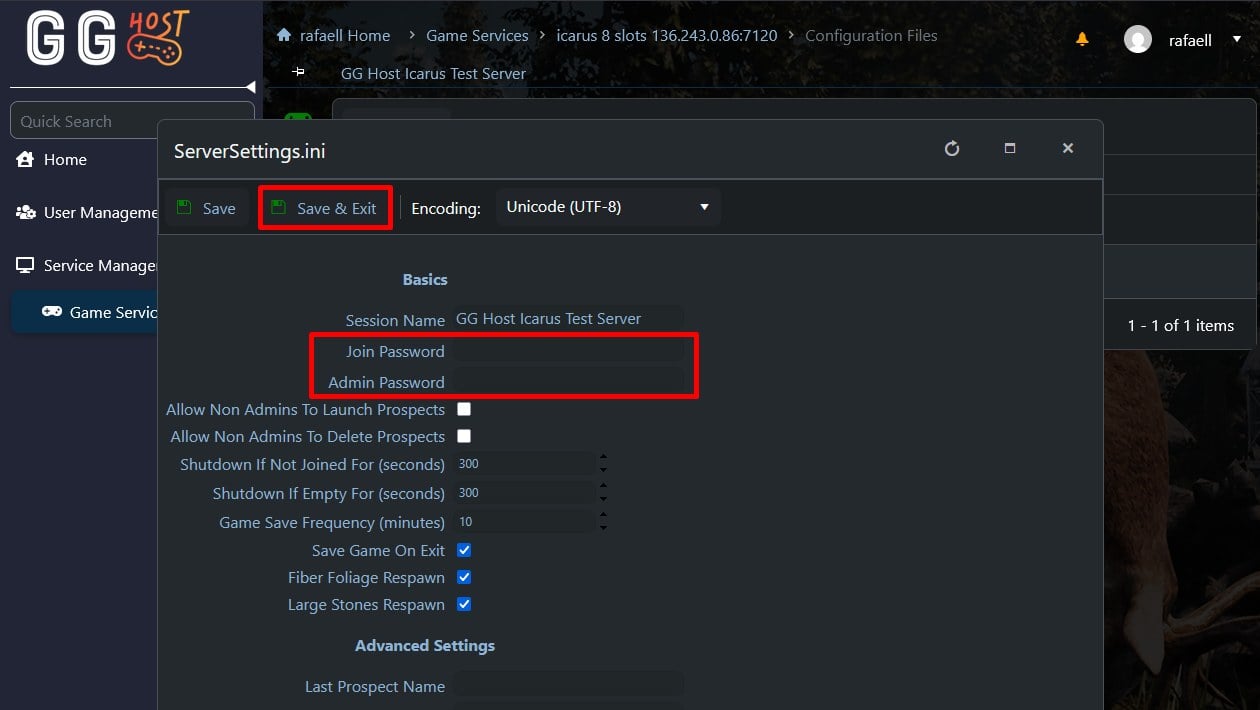 Set the Join Password and the Admin Password, and click Save and Exit