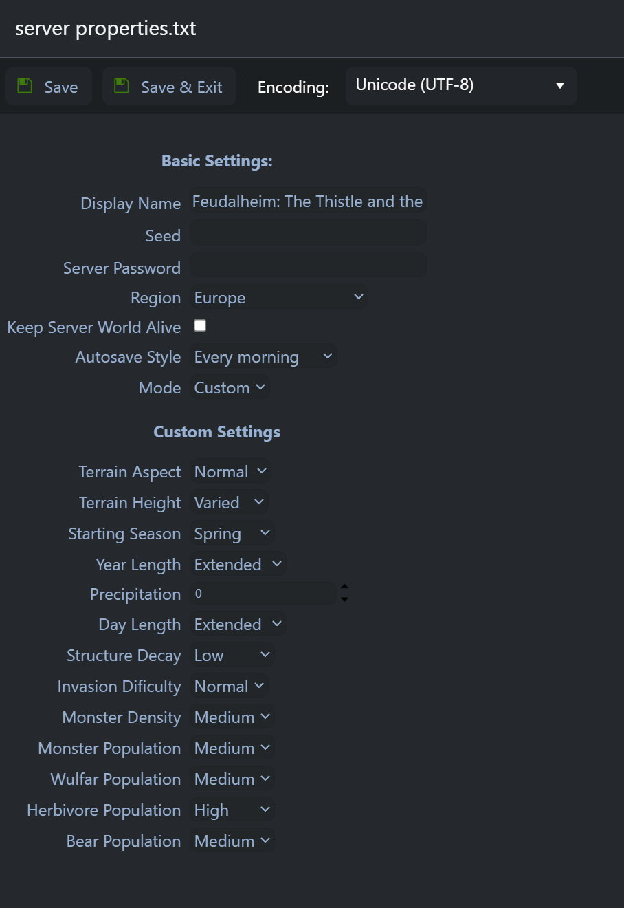 Screenshot of the Aska game server control panel, featuring settings for display name, server region, autosave style, and advanced customization options such as terrain aspect, starting season, year length, and population densities.
